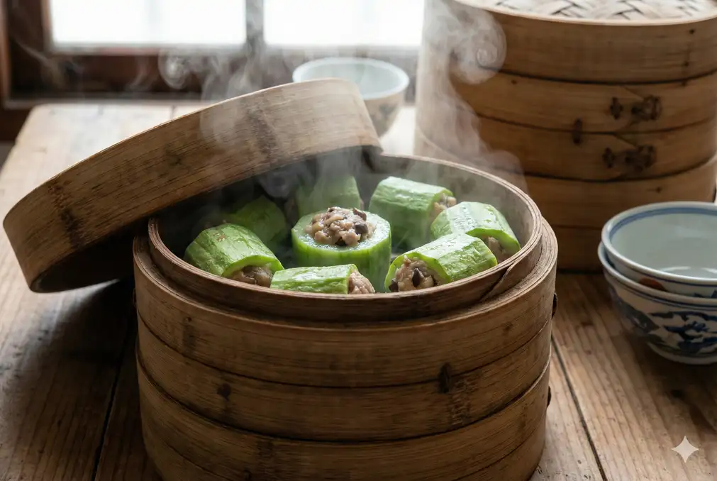 Stuffed luffa gourds in bamboo steamer basket with steam