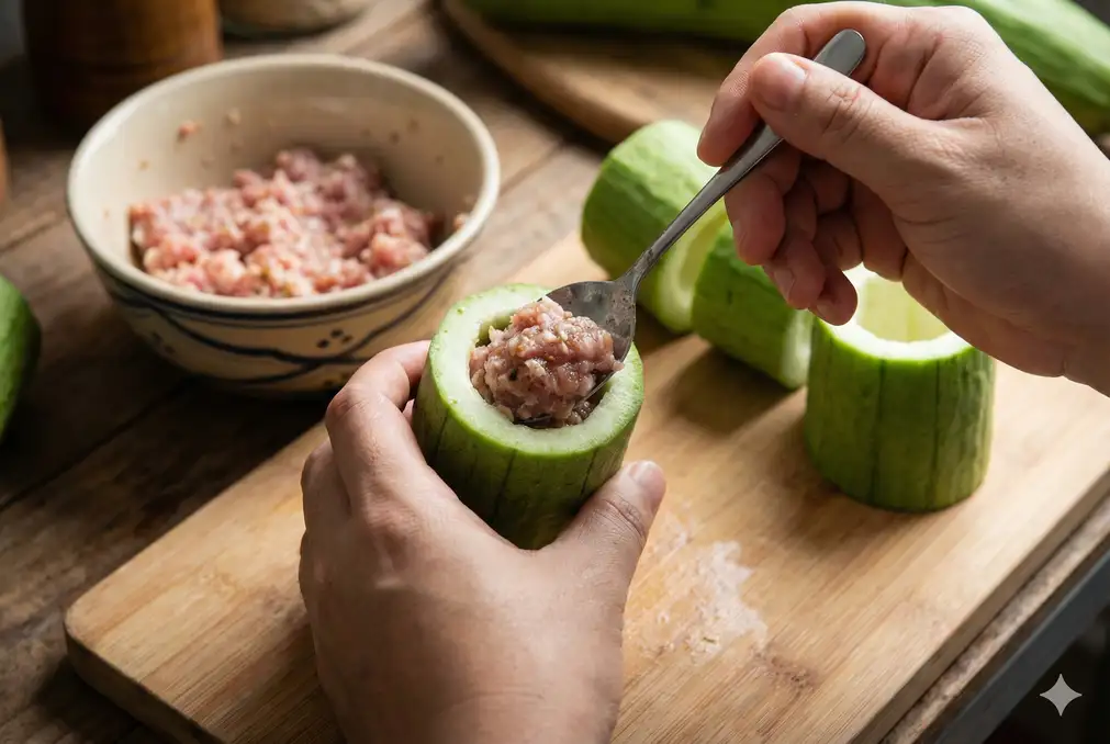 Hands stuffing ground pork mixture into hollowed luffa gourd