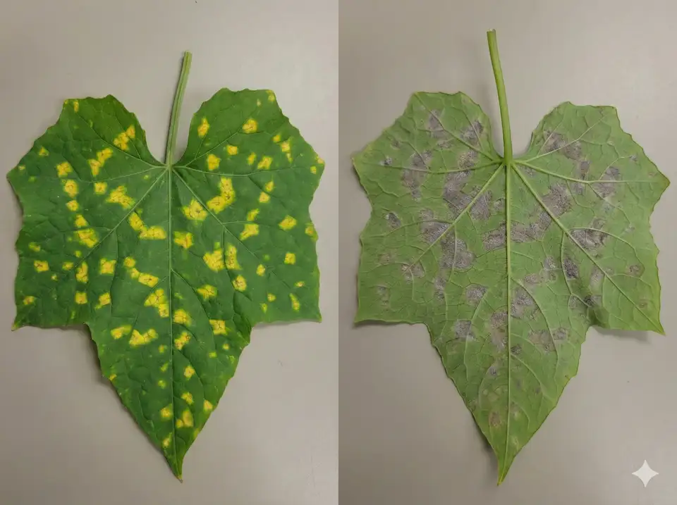 Downy mildew showing yellow spots on loofah leaves