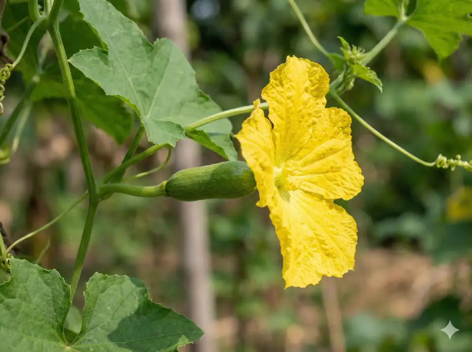 Female loofah flower showing small fruit developing behind the petals
