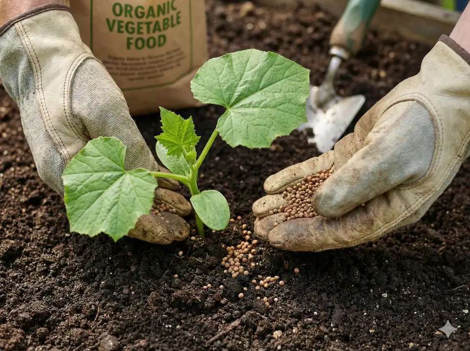 Hands applying organic fertilizer granules around young luffa seedling base in garden soil