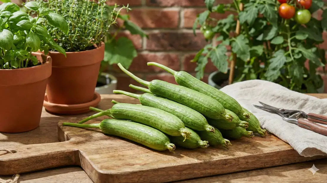 Green loofah gourd harvest