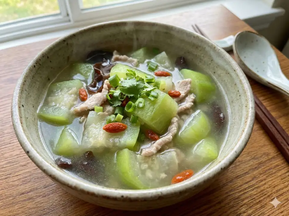 Comforting green loofah soup in a bowl