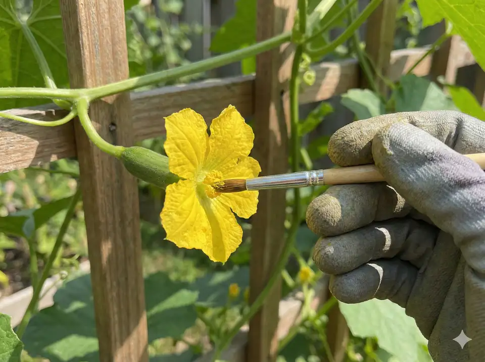 Hand pollinating a loofah flower for better fruit development