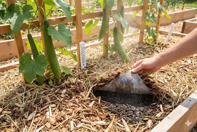 Heavy mulch layer protecting loofah roots from heat