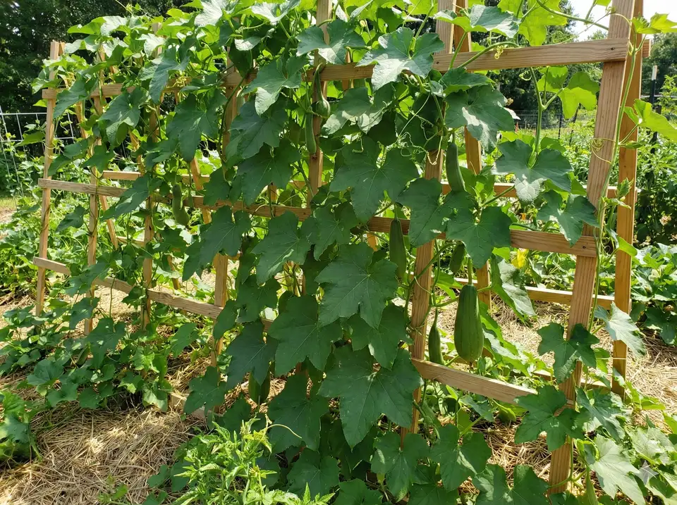 Vigorous loofah vine growing rapidly during peak summer season