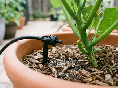 Drip irrigation system installed in luffa container for consistent watering