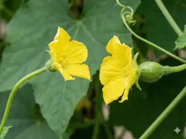 Close-up showing both male and female luffa flowers with visible differences for identification