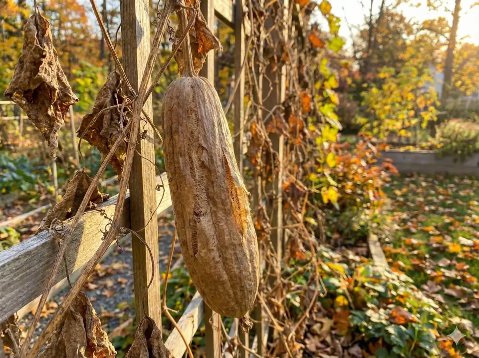 Fully mature dried loofah gourd on vine at end of growing timeline