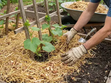 Organic mulch being applied around base of luffa plants for moisture retention
