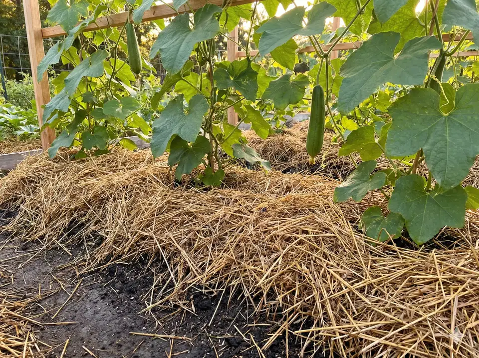 Organic straw mulch spread around base of luffa plant to retain soil moisture