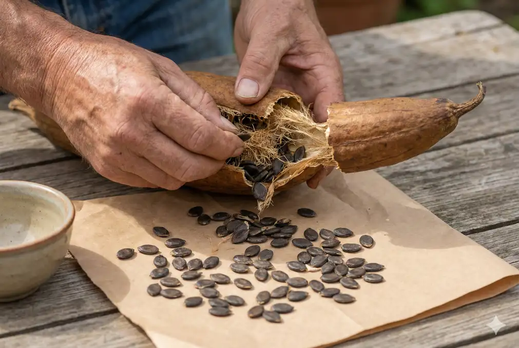 Saving organic seeds from dried luffa gourds
