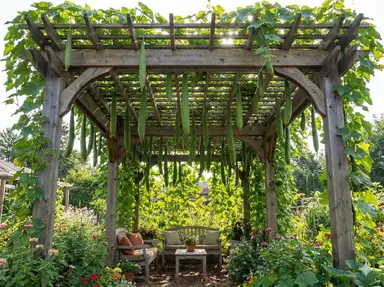 Luffa vines growing over pergola or arbor structure creating living shade canopy