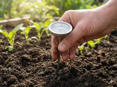 Soil thermometer inserted in garden bed showing 70F+ temperature for luffa planting