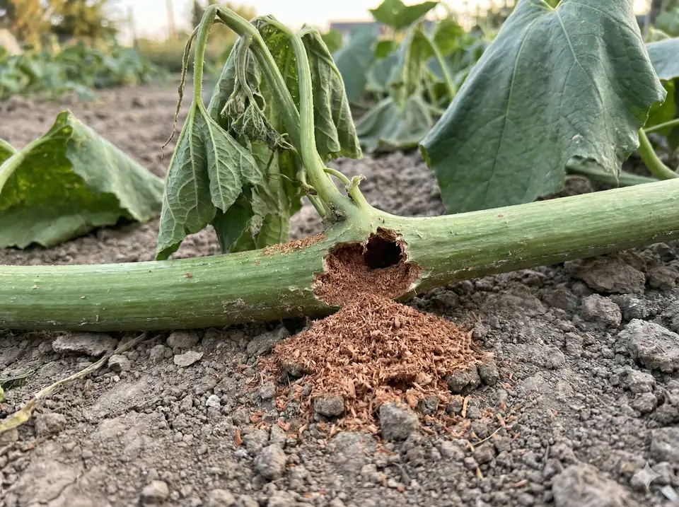 Damage from squash vine borer on loofah stem