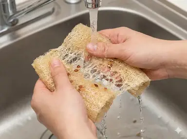 Washing luffa sponge under running water