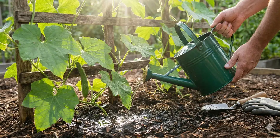Watering loofah plants in garden