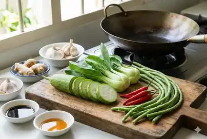 Fresh vegetables and Asian cooking ingredients with young luffa gourds