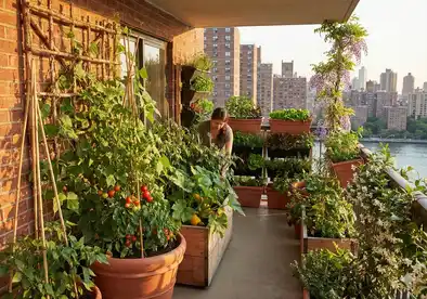 Container garden on balcony or patio with healthy climbing plants