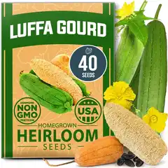 HOME GROWN brand heirloom loofah gourd seeds packet with 40 non-GMO Luffa aegyptiaca seeds scattered on garden soil, ready for planting