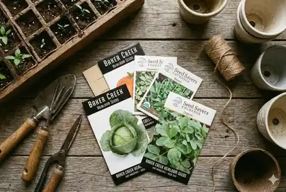 Garden seeds and planting supplies arranged on rustic wooden surface