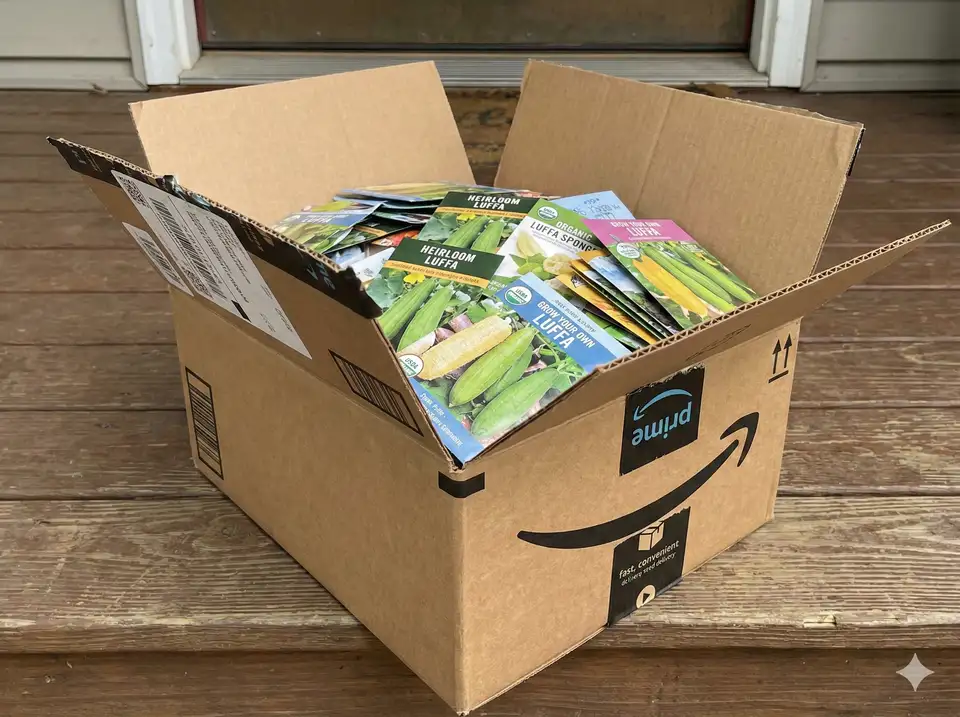 Amazon Prime delivery box opened to reveal loofah seed packets inside, showcasing the convenience of buying luffa seeds online with fast shipping - Amazon smile logo visible on packaging for quick seed delivery