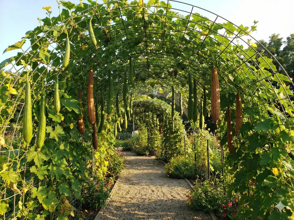 Cattle panel arch trellis forming garden walkway tunnel covered with mature loofah vines and hanging gourds, demonstrating ideal height and spacing for maximum luffa production