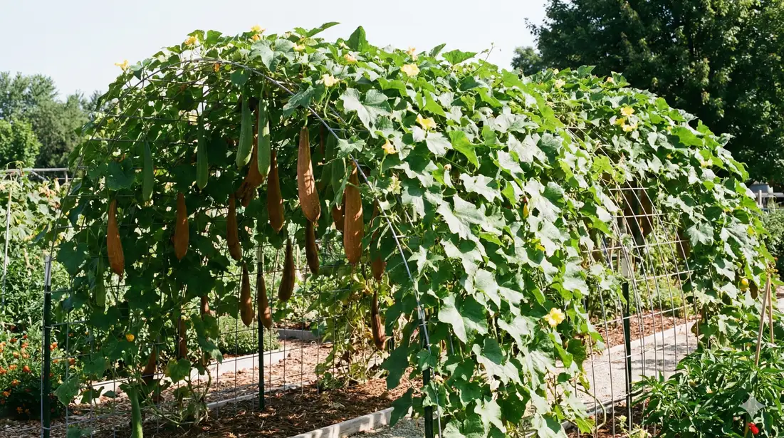 Cattle panel trellis arched over garden bed with loofah vines climbing the galvanized steel grid, showing heavy-duty 200+ lb capacity support structure for luffa gourds