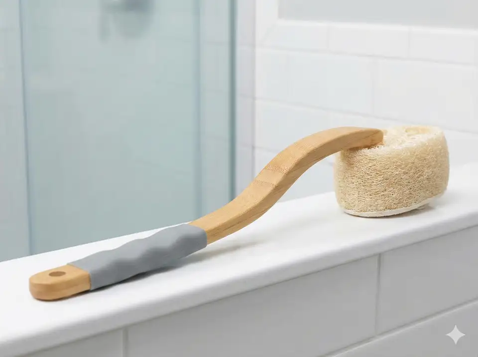 Ergonomically curved handle back scrubber with loofah