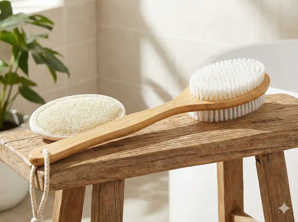 Back scrubber with loofah on one side and bristles on the other