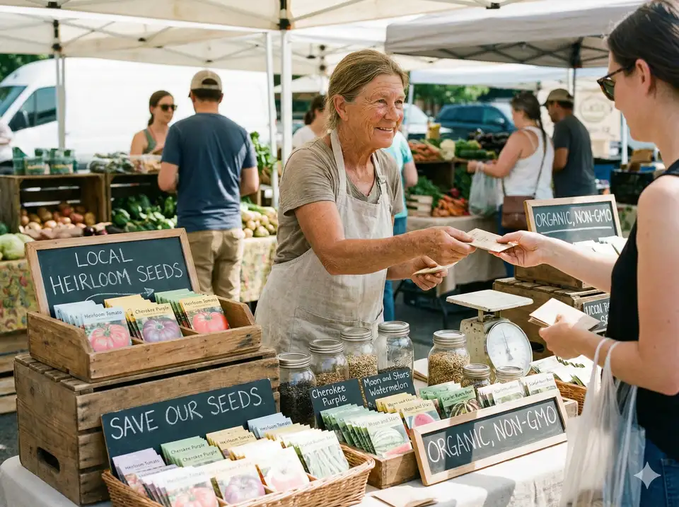 Farmers market booth selling heirloom and specialty loofah seeds with vendor displaying seed packets on table, representing local and artisan seed sources like Baker Creek that attend community events - personal interaction when buying luffa seeds