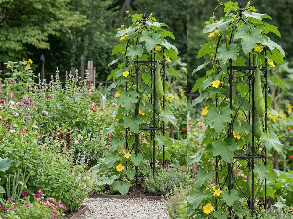 Decorative garden obelisk trellis with ornamental design supporting loofah vine in landscaped garden bed, combining aesthetic appeal with functional climbing support for luffa plants