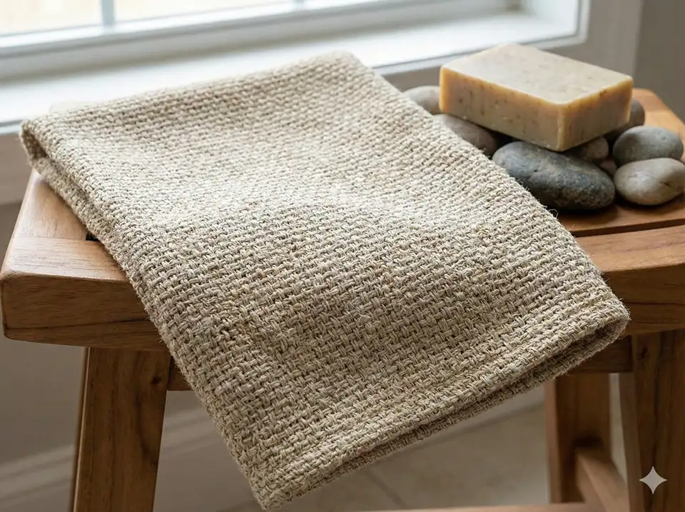Natural hemp fiber bath cloth with textured weave for moderate exfoliation and long-lasting durability
