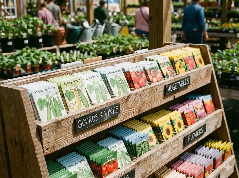 Garden center seed rack display showing loofah seeds among vegetable seed packets, well-organized retail nursery display during spring shopping season - local source for buying luffa seeds with immediate availability and expert advice