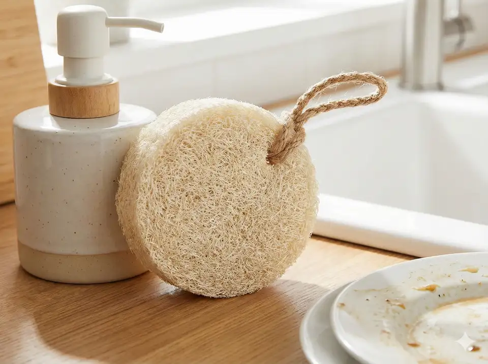 Round loofah dish scrubber with attached handle or loop for easy hanging and convenient kitchen use