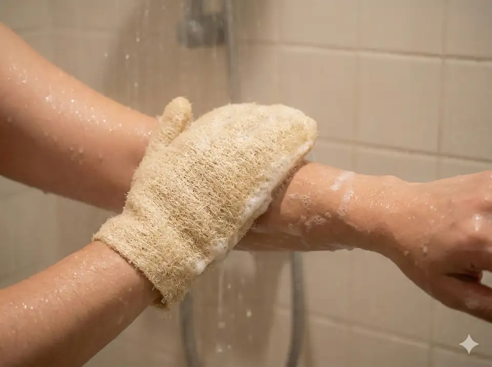 Person wearing loofah gloves demonstrating self-bathing
