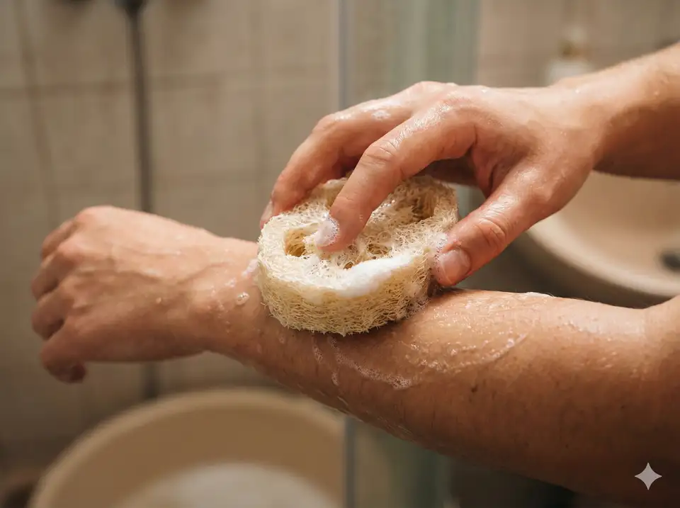 Hand holding loofah pad demonstrating traditional sponge bathing