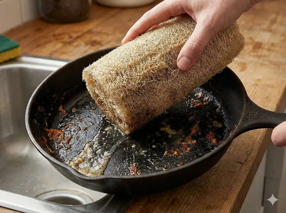 Heavy-duty loofah scrubber for pots and pans with thick dense fibers for tough cleaning tasks