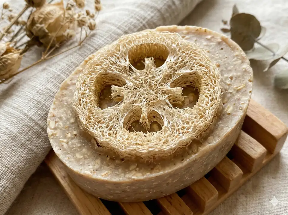 Round soap bar with loofah slice embedded showing cross-section