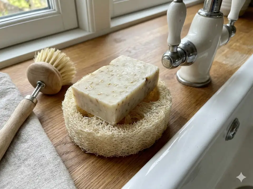 Loofah dish combined with bar soap for kitchen handwashing showing dual-purpose design