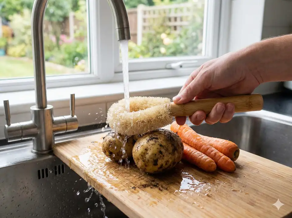 Loofah vegetable brush with handle scrubbing potatoes under running water for food-safe produce cleaning