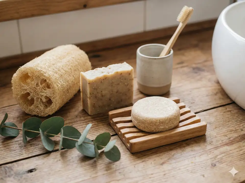 Natural luffa sponge with zero-waste bathroom products including bar soap, shampoo bar, and wooden soap dish