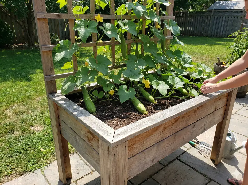 Elevated raised bed container box on legs with loofah vines climbing attached trellis, demonstrating accessible back-friendly container gardening solution
