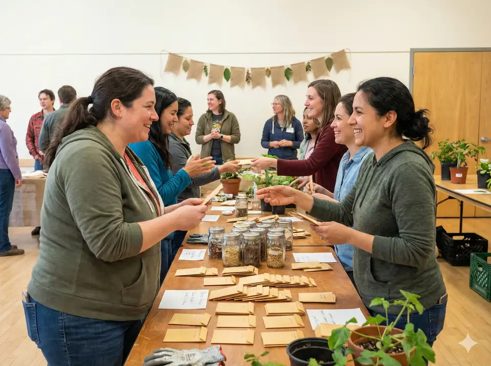 Community seed swap event with gardeners exchanging loofah and vegetable seeds at folding tables, colorful seed packets organized in bins, handwritten labels identifying luffa varieties - local gardening community sharing heirloom seeds at library or community center