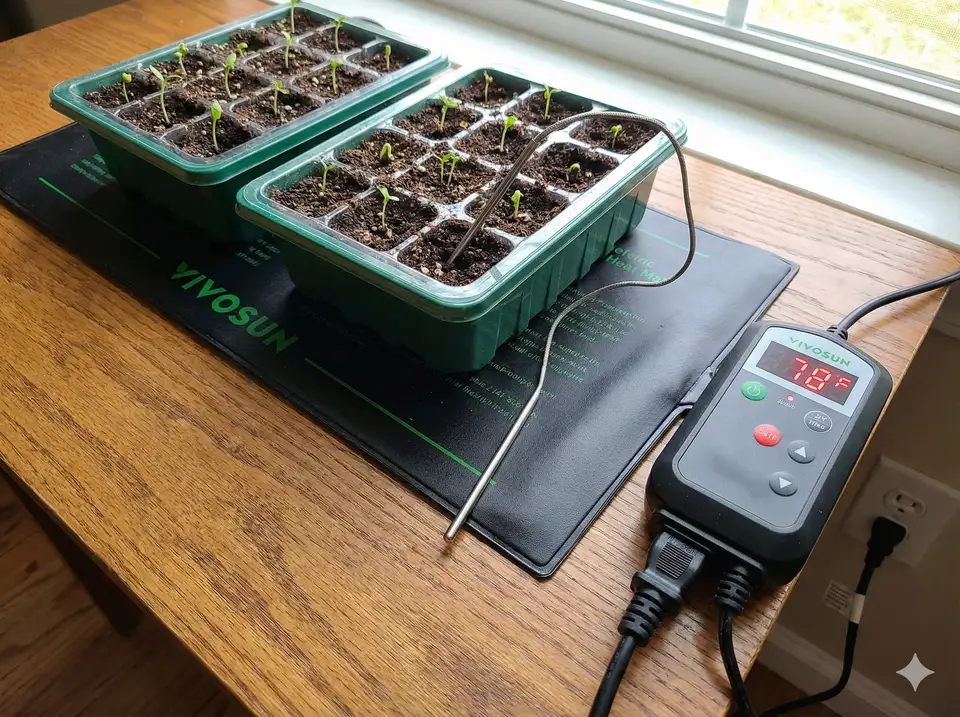 Seedling heat mat with thermostat and temperature probe for loofah germination