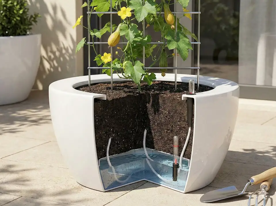 Modern self-watering container system with loofah plant showing water reservoir indicator for consistent moisture management and low-maintenance growing