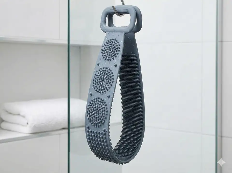 Silicone back scrubber with loofah-like texture that is washable