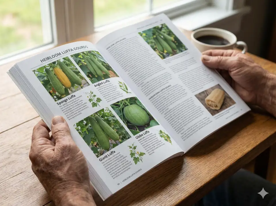 Hands flipping through a specialty seed catalog with luffa varieties section highlighted, showing curated selection of heirloom loofah seeds from quality seed companies like Johnny's Selected Seeds - traditional catalog shopping for premium seeds