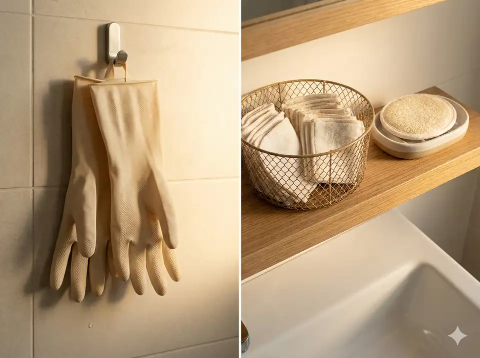 Comparing how gloves and pads are stored and dried in bathroom