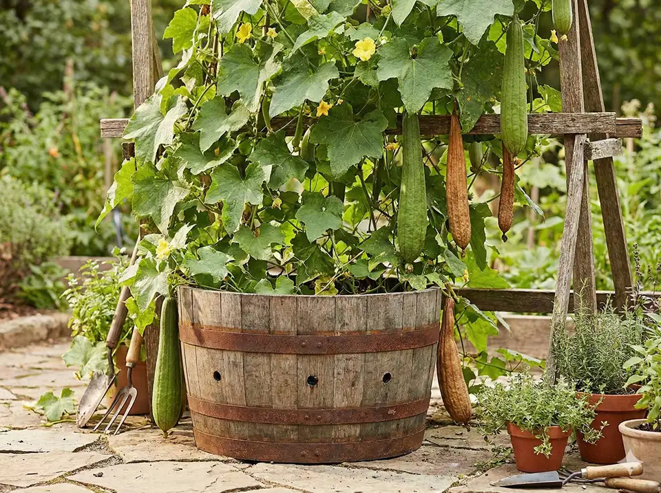 Rustic half whiskey barrel planter with mature loofah plant thriving, demonstrating large volume container with drainage holes for healthy root development
